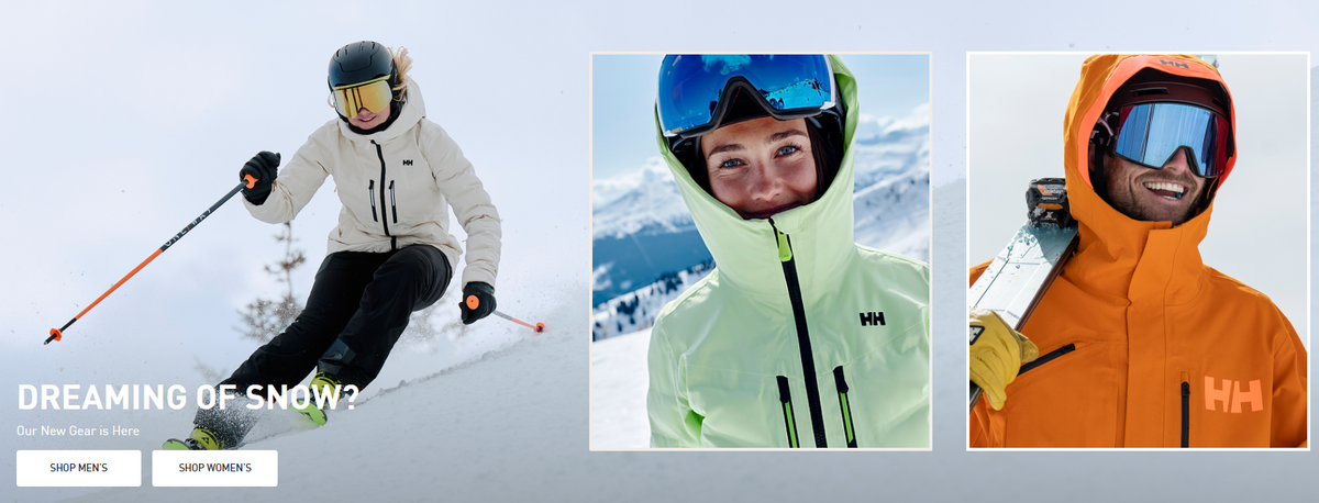 A promotional banner for Helly Hansen ski apparel, featuring a skier in a white jacket on the left and two close-up models wearing the brand's ski gear on the right, including a light green jacket and an orange hooded jacket, both with the Helly Hansen logo visible.